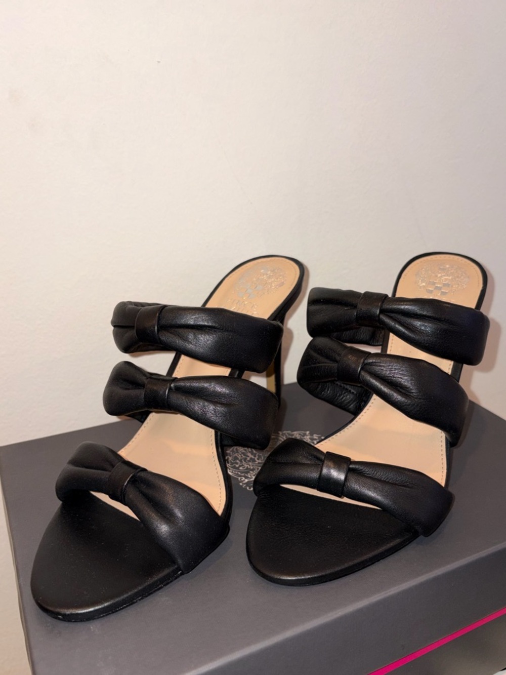 Vince Camuto Black Triple-Strap Knotted Slide Sandals